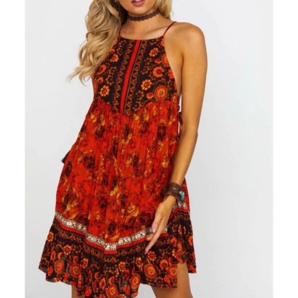 Free People Red Floral Boho Mini Dress